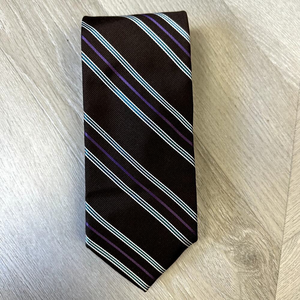 Hickey Freeman Brown Diagonal Stripe Silk Tie Blue White Purple